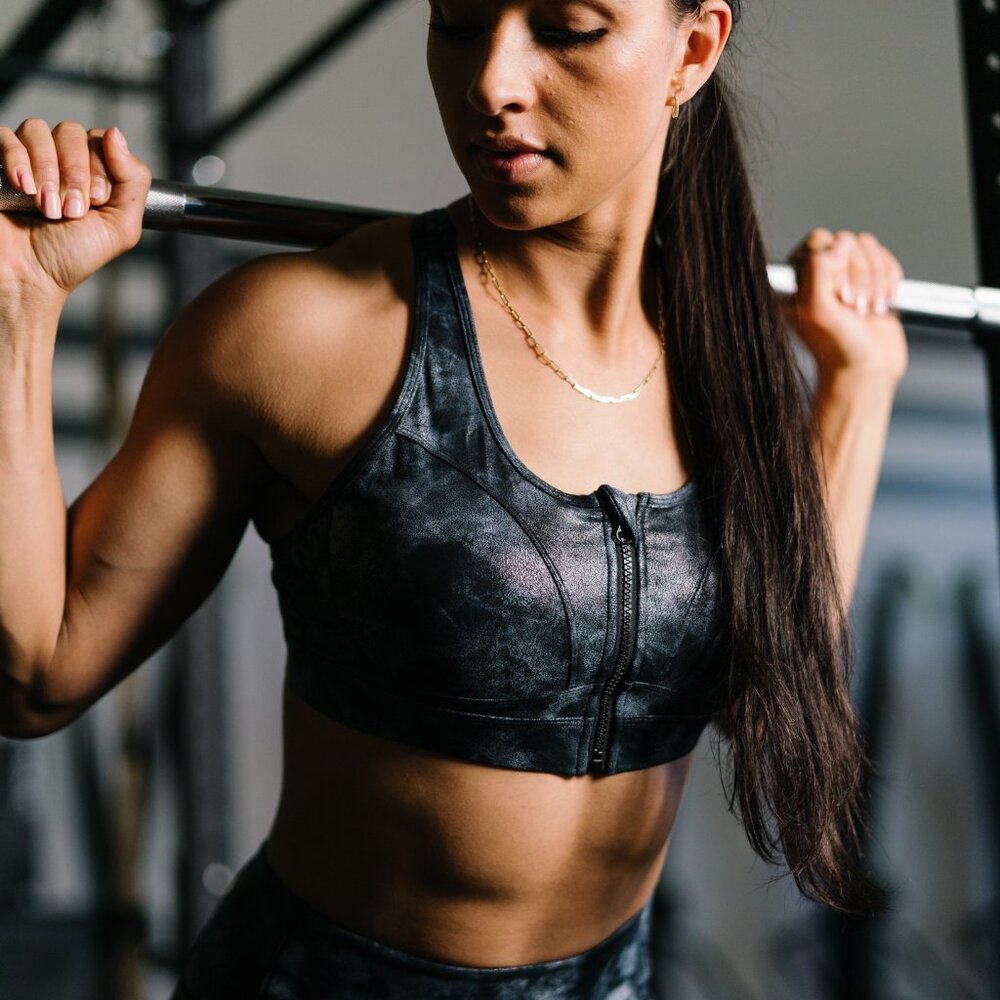 Gray Stonewashed Front Zipper Strappy Bra
